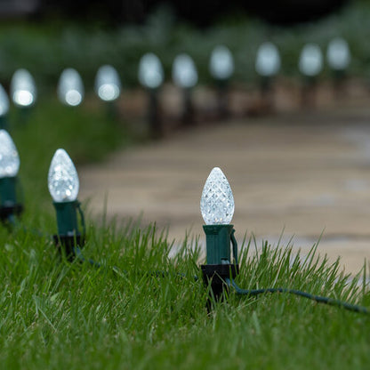 Cool White C7 OptiCore LED Christmas pathway lights with PathPRO stakes in six colors