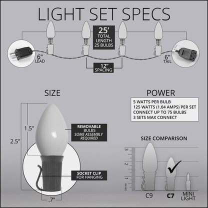 C7 opaque incandescent Christmas string lights in multicolor and white on green wire light set specs