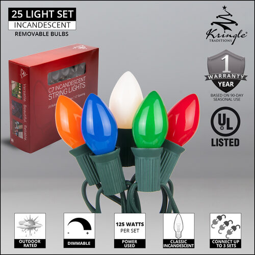 C7 opaque incandescent Christmas string lights in multicolor and white on green wire