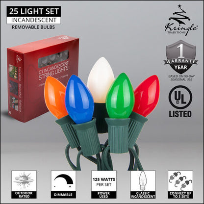 C7 opaque incandescent Christmas string lights in multicolor and white on green wire
