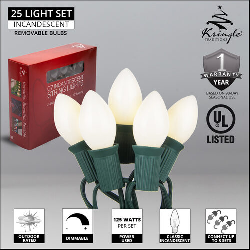 C7 opaque incandescent Christmas string lights in multicolor and white on green wire