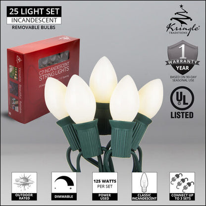 C7 opaque incandescent Christmas string lights in multicolor and white on green wire