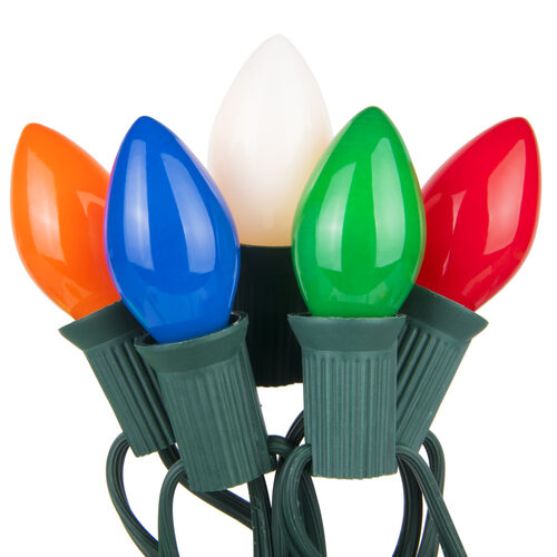 C7 opaque incandescent Christmas string lights multicolor on green wire