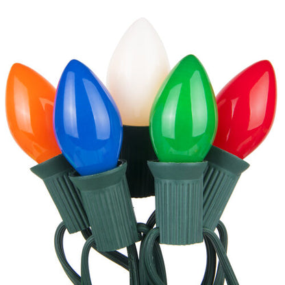 C7 opaque incandescent Christmas string lights multicolor on green wire