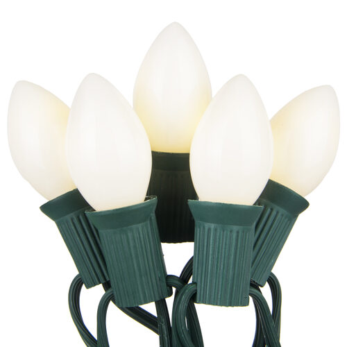 C7 opaque incandescent Christmas string lights white on green wire