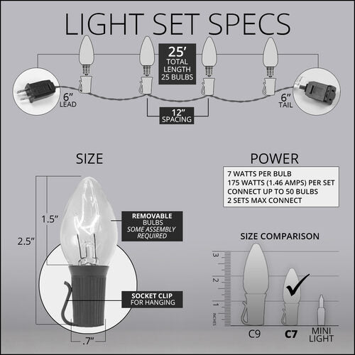  C7 multicolor twinkle incandescent Christmas string lights with 25 transparent bulbs on green wire light set specs
