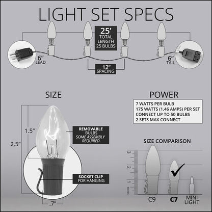  C7 multicolor twinkle incandescent Christmas string lights with 25 transparent bulbs on green wire light set specs