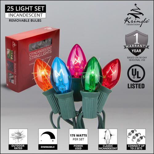 C7 multicolor twinkle incandescent light set specifications showing bulb spacing, green wire and electrical details.