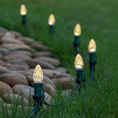 Warm White C7 OptiCore LED Christmas pathway lights with PathPRO stakes in six colors