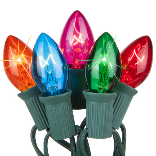 Main image alt text: C7 multicolor twinkle incandescent Christmas string lights with 25 transparent bulbs on green wire
