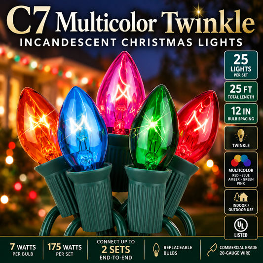 C7 multicolor twinkle incandescent Christmas string lights with 25 transparent bulbs on green wire
