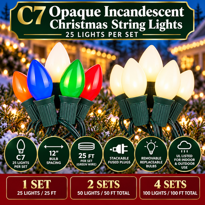 C7 opaque incandescent Christmas string lights in multicolor and white on green wire