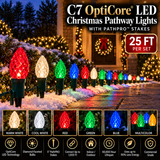 C7 OptiCore LED Christmas pathway lights with PathPRO stakes in six colors