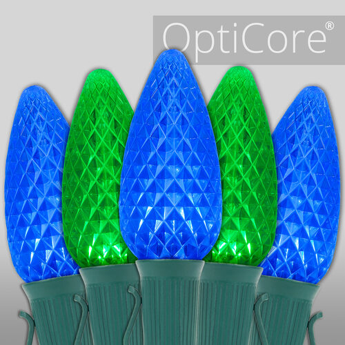 Blue Green C9 OptiCore LED Christmas string lights on green wire