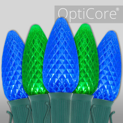 Blue Green C9 OptiCore LED Christmas string lights on green wire
