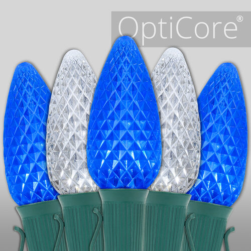 Blue white C9 OptiCore LED Christmas string lights on green wire