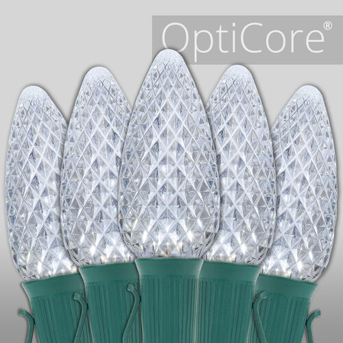 cool white C9 OptiCore LED Christmas string lights on green wire