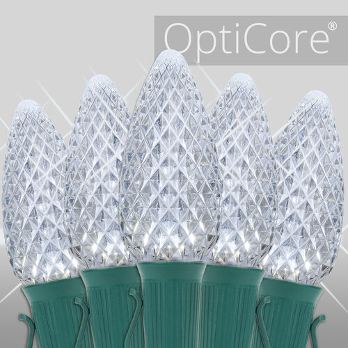 Cool White C9 OptiCore Twinkle LED Christmas string lights on green wire