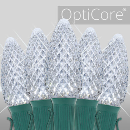 Cool White C9 OptiCore Twinkle LED Christmas string lights on green wire