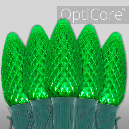 Green C9 OptiCore LED Christmas string lights on green wire
