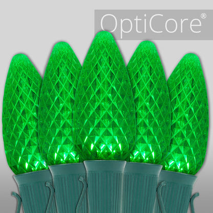 Green C9 OptiCore LED Christmas string lights on green wire