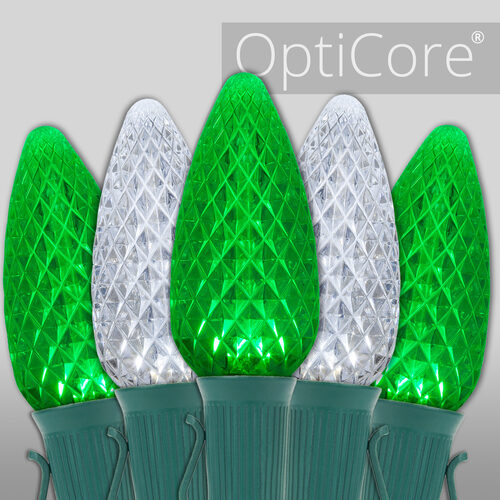 Green white C9 OptiCore LED Christmas string lights on green wire