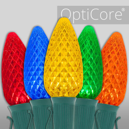 multicolor C9 OptiCore LED Christmas string lights on green wire
