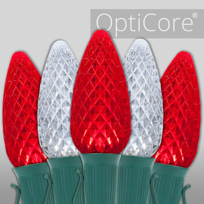 Red white C9 OptiCore LED Christmas string lights on green wire