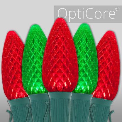 Red Green C9 OptiCore LED Christmas string lights on green wire
