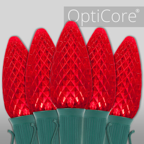 Red C9 OptiCore LED Christmas string lights on green wire
