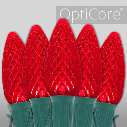 Red C9 OptiCore LED Christmas string lights on green wire