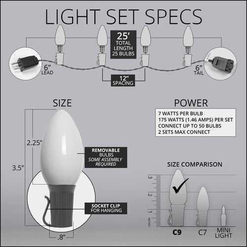 C9 opaque white incandescent Christmas string lights with 25 bulbs on green wire, available in 1 or 2 sets light set specs