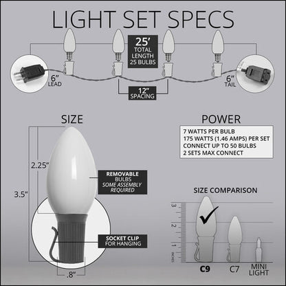 C9 opaque white incandescent Christmas string lights with 25 bulbs on green wire, available in 1 or 2 sets light set specs