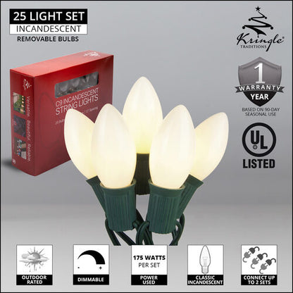 C9 opaque white incandescent Christmas string lights with 25 bulbs on green wire, available in 1 or 2 sets warranty info