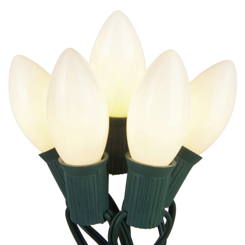 C9 opaque white incandescent Christmas string lights with 25 bulbs on green wire, available in 1 or 2 sets.
