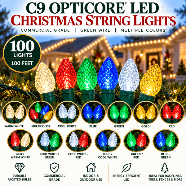 C9 OptiCore LED Christmas string lights on green wire in multiple colors and sizes