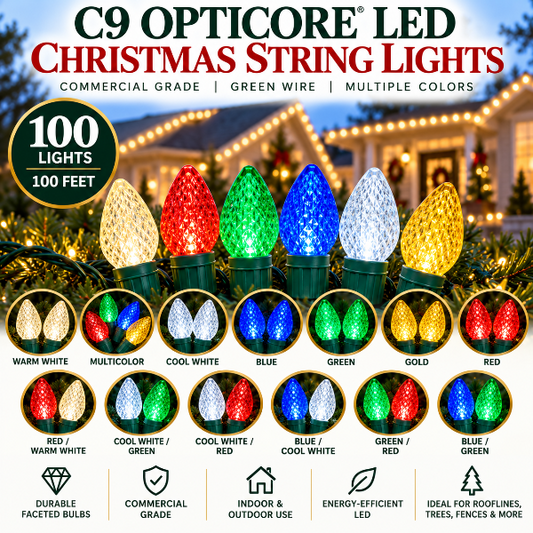 C9 OptiCore LED Christmas string lights on green wire in multiple colors and sizes