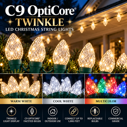 C9 OptiCore Twinkle LED Christmas string lights in Warm White, Cool White and Multicolor