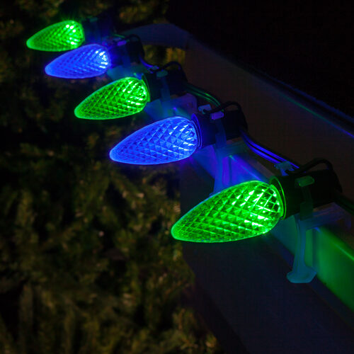 Blue Green C9 OptiCore LED Christmas string lights on green wire