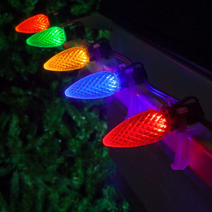 multicolor C9 OptiCore LED Christmas string lights on green wire
