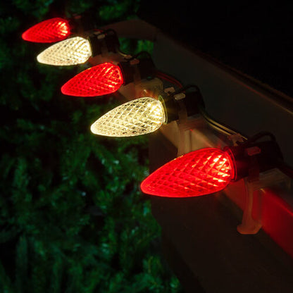 Red warm white C9 OptiCore LED Christmas string lights on green wire