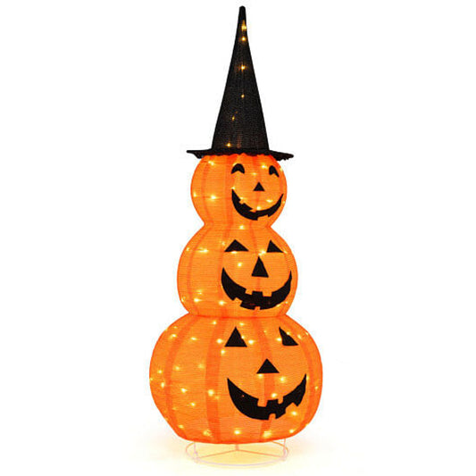 5 Ft Lighted Pumpkin Stack with Witch Hat