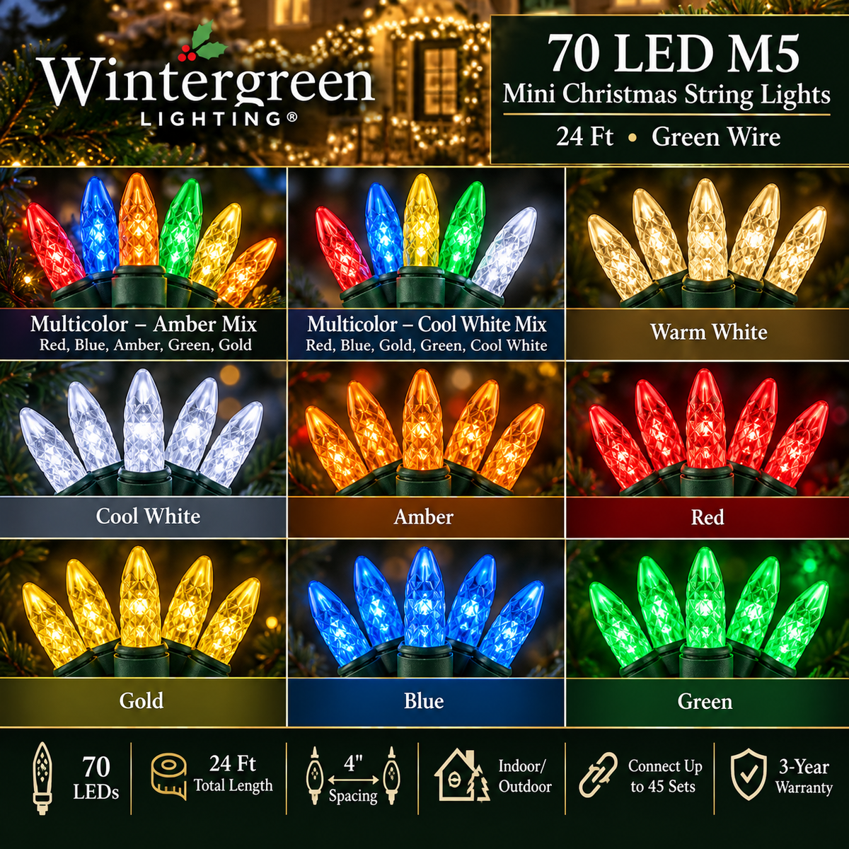 70 LED M5 mini Christmas string lights in multicolor, warm white, cool white, amber, red, gold, blue and green