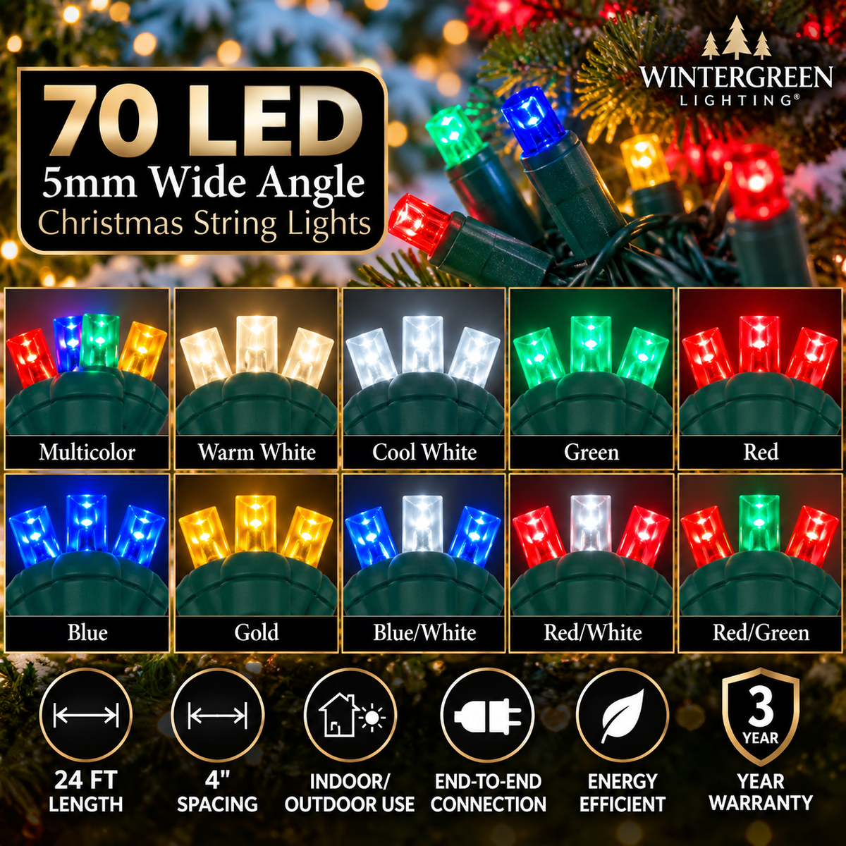 70 LED 5mm wide angle Christmas string lights in multicolor, warm white, cool white, green, red, blue, gold and festive color combinations
