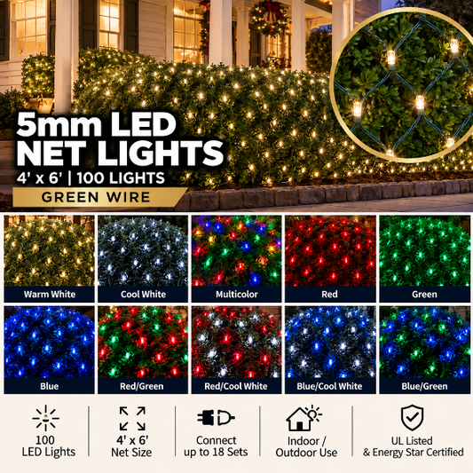 100 LED 5mm Christmas net lights on green wire in 10 colors