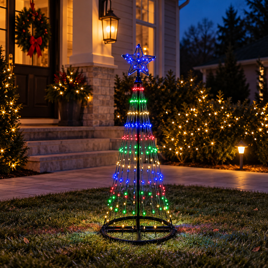 4 Ft multicolor animated LED Christmas light show tree displayed in a decorated front yard at dusk with blue star topper and black frame.