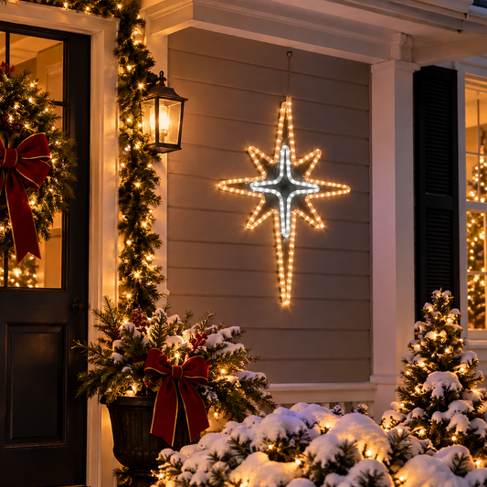 28-inch warm white LED Bethlehem Star with cool white cross center hanging on a Christmas porch with illuminated garlands and snowy greenery.