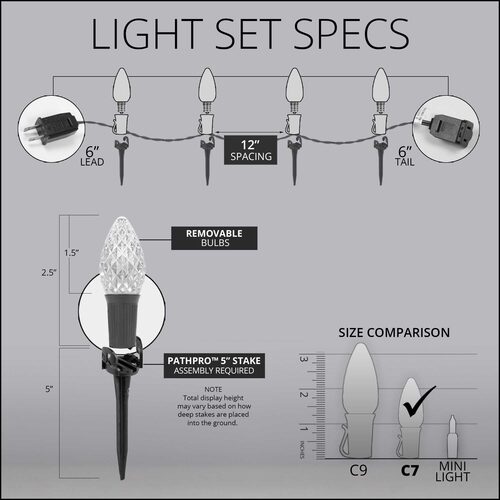 C7 OptiCore LED Christmas pathway lights with PathPRO stakes in six colors Light Set Specs