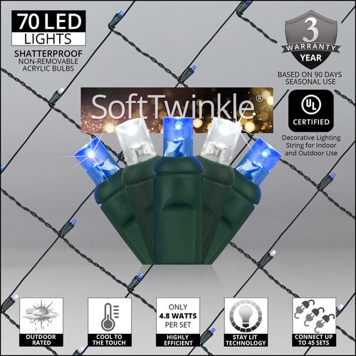 Blue and cool White 70 LED 5mm SoftTwinkle Christmas net lights on green wire
