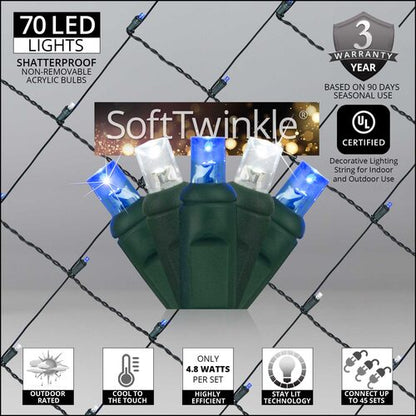 Blue and cool White 70 LED 5mm SoftTwinkle Christmas net lights on green wire